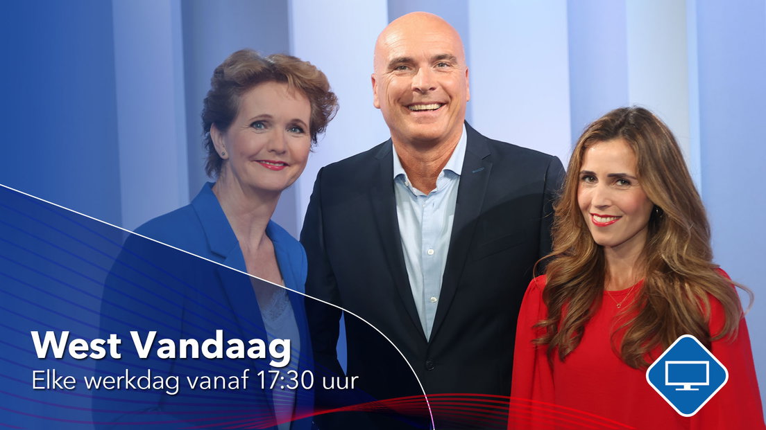 Martine, Menno en Sharma glimlachen; tekst: "WEST VANDAAG ELKE WERKDAG 17:30 UUR" met een televisie-icoon.