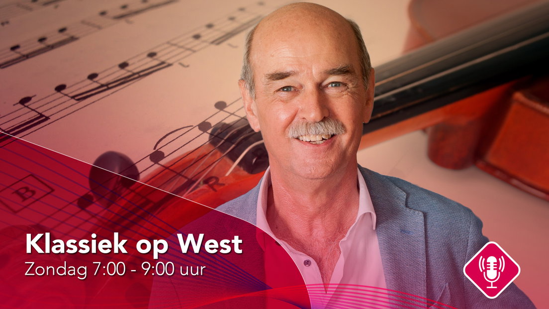 Aad glimlacht; tekst: "Klassiek op West.  Elke zondag 7:00-9:00 uur en 19:00-21:00 uur" met een radio-icoon.