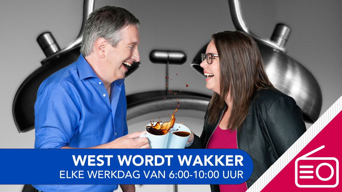 Tjeerd en Jorinda glimlachen naar elkaar; tekst: "WEST WORDT WAKKER ELKE WERKDAG 06:00-10:00 UUR" met een radio-icoon.